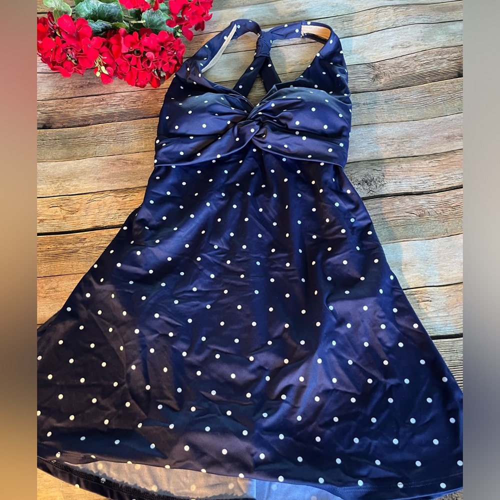 L.L. Bean Navy Blue & White Polka Dot Swimsuit Dress Size 4 Reg